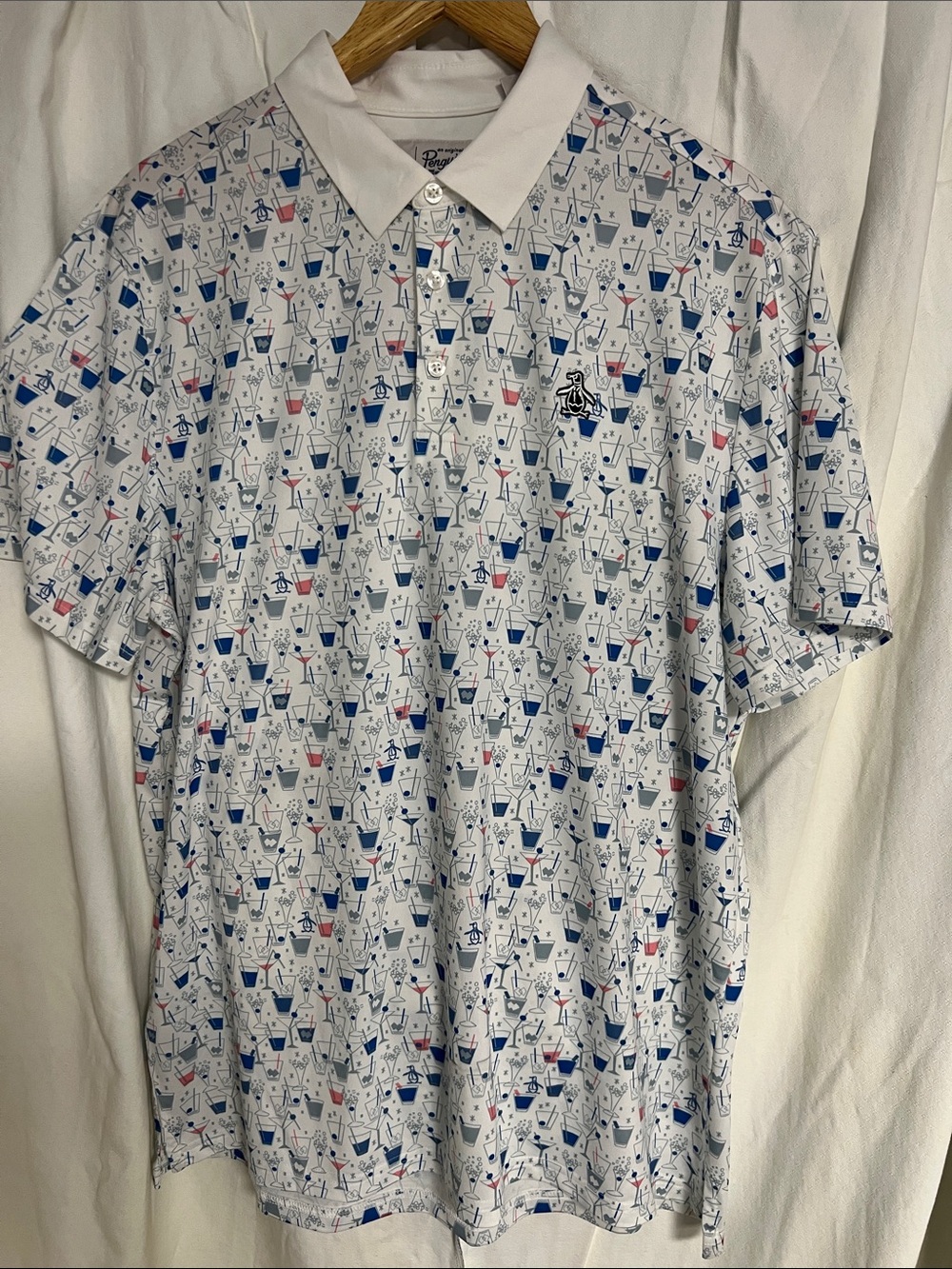 Original Penguin White Polo with Blue and Red Cocktail Print
